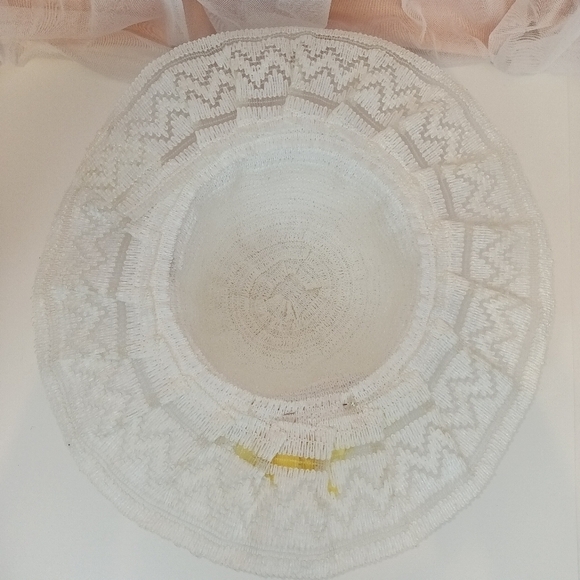 Vintage 80s Womens White and Yellow Wide Brim Sun Hat Summer Travel - Picture 6 of 8